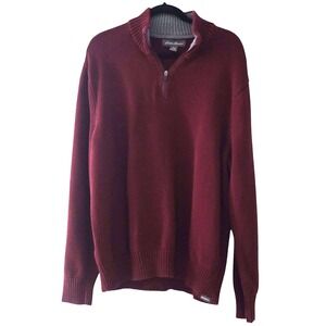 EDDI BAUER Mens Red Wine Quarter Zip 2X Tall Cotton Sweater Outdoor Golfing Warm